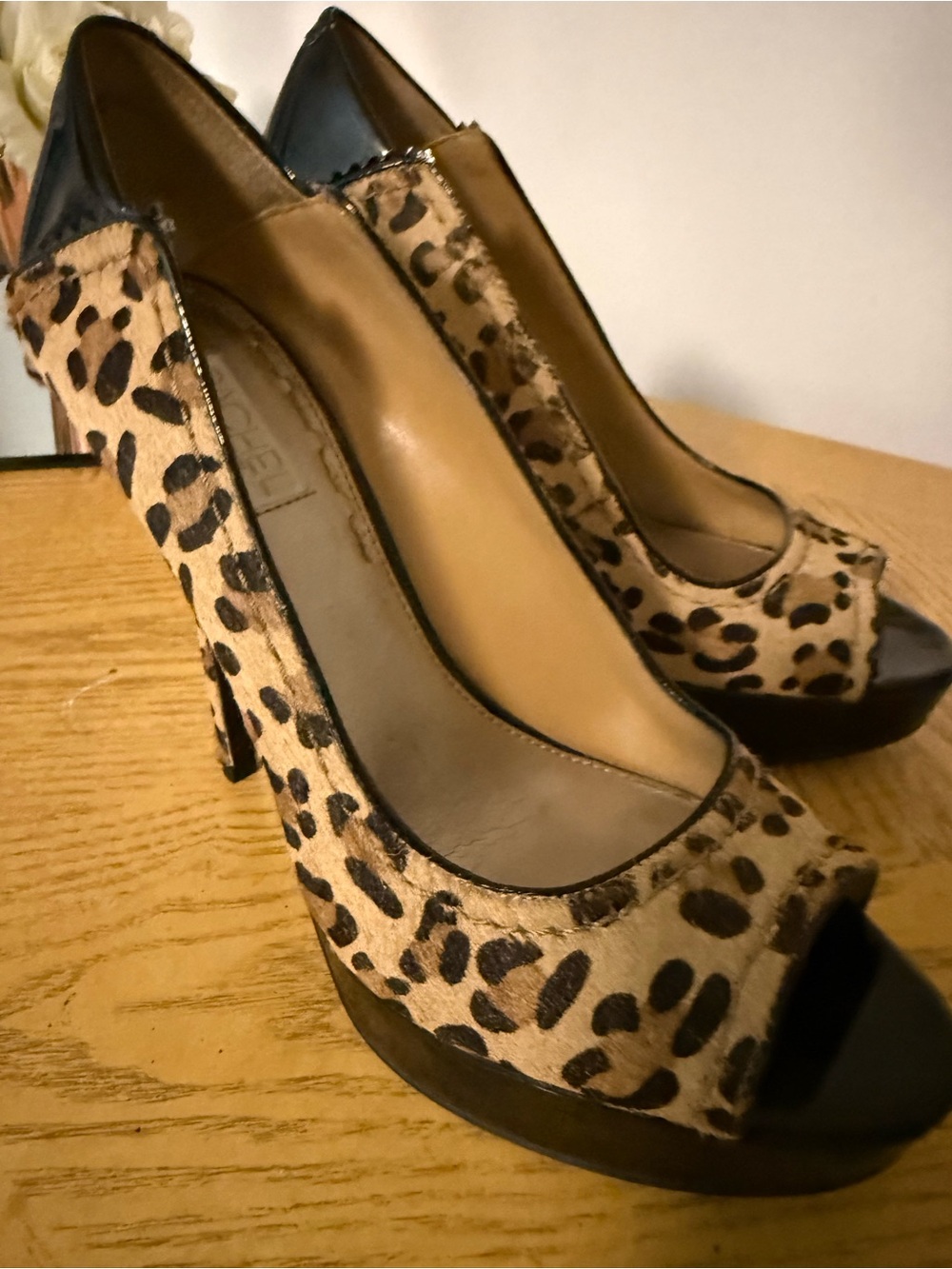 RACHEL Rachel Roy Leopard Print Peep-Toe Heels with Black Patent Trim